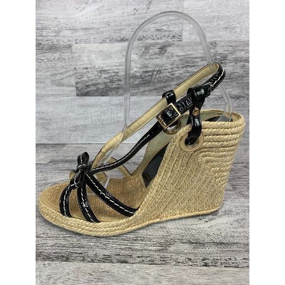 Midas Womens Size 6M Black Patent Leather Strap Espadrille Wedge Sandals - Picture 6 of 8